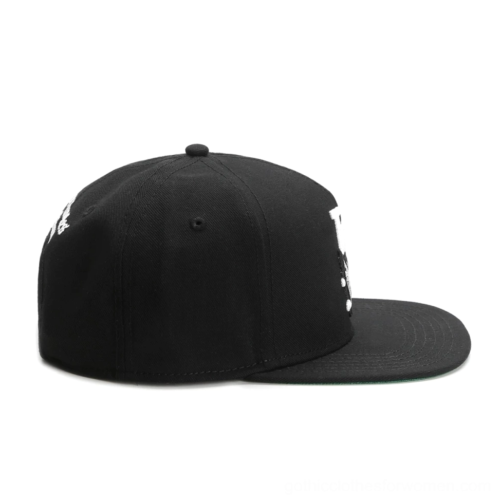 Black gothic snapback cap side view displaying classic flat-brim structure and embroidered logo design