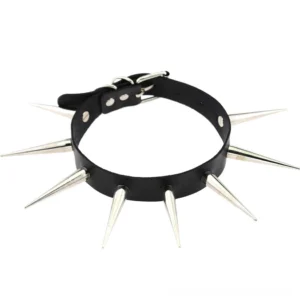 Black faux leather gothic choker necklace with sharp metal spikes arranged flat lay on white background, front view detail