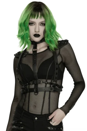 Black Gothic spine harness with chain details worn by model with green ombre hair, front full-body view on white backdrop