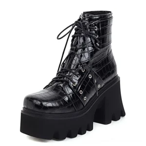 Black gothic square toe platform ankle boots with lace-up closure and chunky heel, glossy croc-textured finish, left three-quarter view on white background