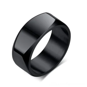 Black IP-plated stainless steel gothic band ring with beveled edges, three-quarter view on white background