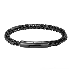 Black stainless steel industrial gothic chain bracelet with twisted wheat link design and push-clasp closure on white background