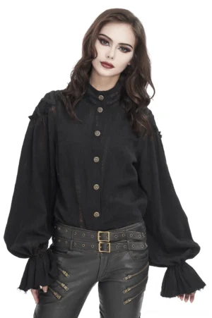 Black gothic stand collar blouse with ruffled lantern sleeves front view on female model wearing black leather pants