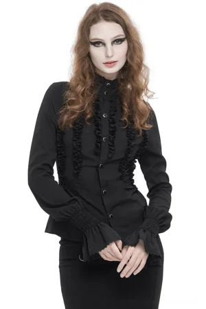 Women's black gothic stand collar blouse with ruffled placket and bell-flared cuffs, worn by model in front three-quarter view showing theatrical stand collar and dramatic sleeve details