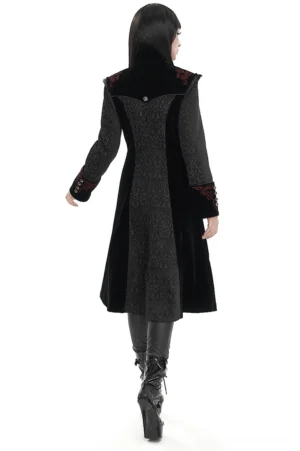 Black gothic stand collar coat back view on model, displaying fitted waist, split hem design, and full-length silhouette