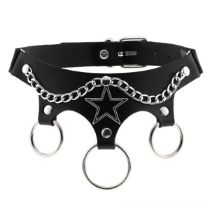 Black leather star choker with chain details and triple metal rings, flat front view