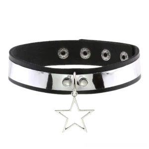 Black PU leather gothic star choker with adjustable closure and hollow silver star charm, flat lay front view