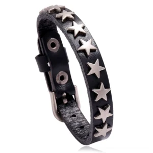 Black gothic star leather bracelet close-up side view showcasing silver star rivets and adjustable strap detail