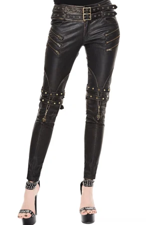 Black steampunk gothic leather pants with zipper details and knee straps worn by model, front view with waist belt and studded accents