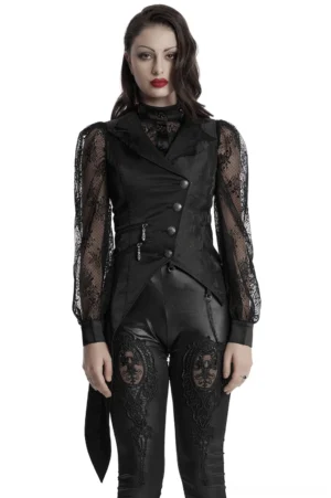 Black asymmetric gothic steampunk waistcoat with chain details worn by fashion model, front full-body view on white background