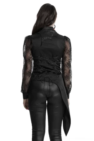Black asymmetric gothic steampunk waistcoat with lace-up corset back and pointed tail hem, back full-body view on white background