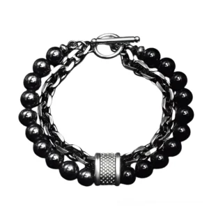 Black matte stone gothic beaded bracelet with silver stainless steel chain and engraved metal toggle clasp - rock style jewelry