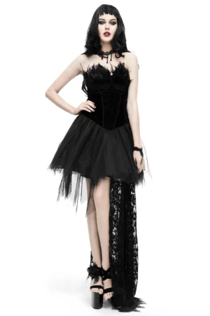 Black strapless gothic dress with feathered bust and asymmetric lace train worn by model with gothic makeup, front view
