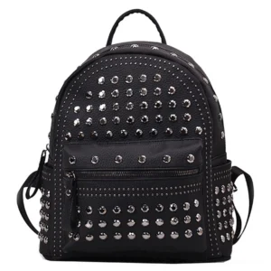 Black gothic studded backpack front view with silver rivets and textured pebbled leather