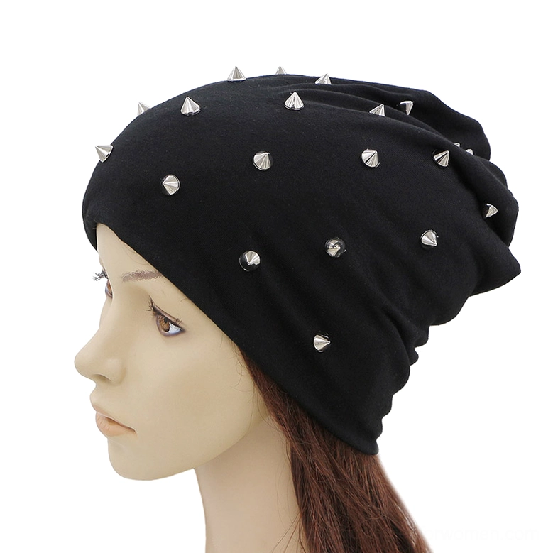 Black gothic studded slouch beanie with silver metal cone rivets, profile view on mannequin