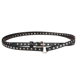Black gothic studded thin belt with dual gold pin buckles, flat lay front view showing full rivet embellishment