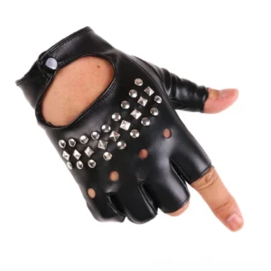 Black punk leather fingerless gloves with studs on mannequin hand front view