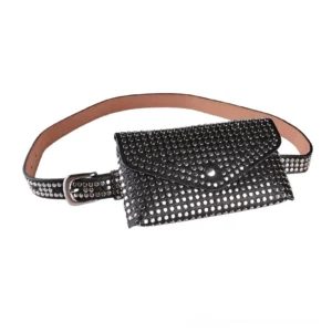Black gothic studded waist fanny pack with silver rivets, front oblique view on white studio background