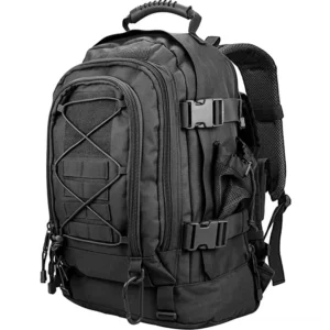Solid black 60L gothic tactical backpack with MOLLE webbing and front bungee cord system, front oblique view