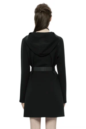Black gothic hooded tactical dress back view on model showing structured hood and belt design