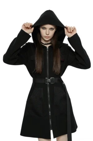 Black gothic hooded tactical dress front view on model with adjustable buckle belt and mesh pockets
