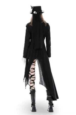 Black gothic tailcoat back view showing tattered asymmetrical rear hem and tailored fit on model with veil headpiece