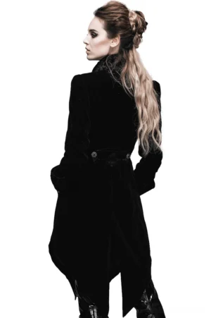 Black gothic tailcoat rear three-quarter view on model with blonde hair, showcasing back decorative belt and tailored silhouette