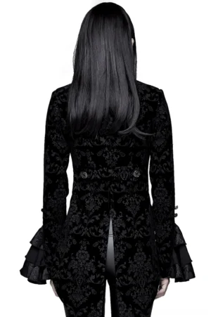 Gothic black tailcoat jacket back view on model showing split tail hem design and elaborate damask pattern, studio white background