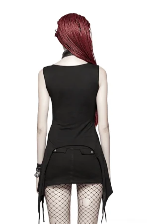 Black gothic tank top back view showing asymmetrical draped hem and sleeveless design
