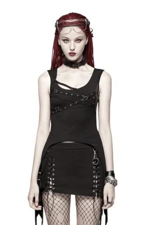 Black gothic adjustable buckle tank top front view with metal strap details on model