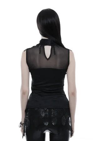 Rear view of black gothic sleeveless lace tank top showing keyhole back cutout and sheer mesh back panel, worn by model from behind
