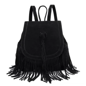 Black gothic suede tassel backpack with full fringe trim and decorative bow tie tassel closure, front view alternative fashion accessory