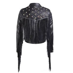 Black gothic tassel biker jacket back view showing quilted panel with bronze star studs and full hem long tassels