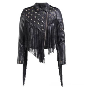 Black gothic tassel biker jacket front view with asymmetrical zipper and cascading leather tassels, quilted star stud panels