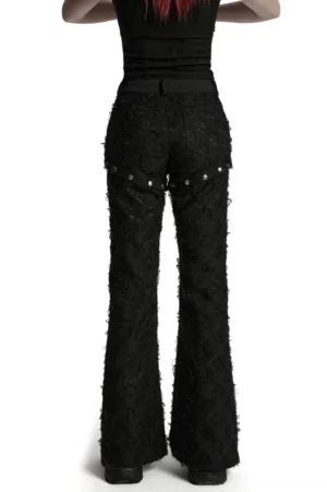 Black gothic pants back view with studded waistband - distressed tattered fabric rear silhouette