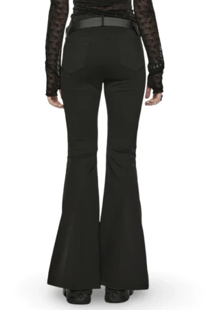 Black gothic cargo pants rear view, displaying back pockets and flared leg design with structural seaming details