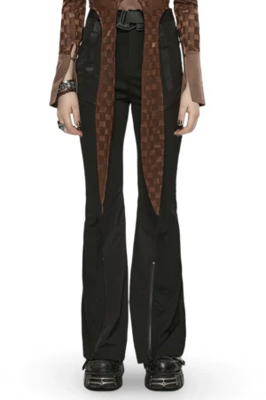 Black gothic techwear flared cargo pants front full-body view, showcasing high-waisted slim fit with dramatic flare silhouette and tactical details