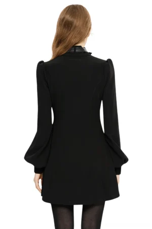 Black gothic techwear dress rear view showing high back collar and fitted silhouette with dramatic bishop sleeves