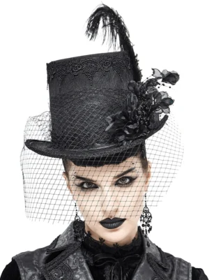 Gothic top hat featuring fishnet veil and lace embroidery, frontal close-up on female model with face veil, showcasing feather accent