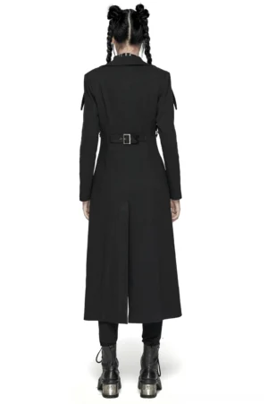 Black gothic trench coat back view on model showing split hem and square buckle waist belt