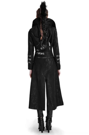 Black gothic long coat with tailored waist strap and high back collar, rear view on model