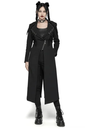 Black gothic trench coat front view on model with skull zipper and D-ring chain details