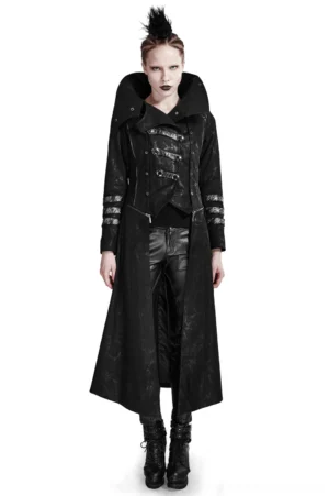 Women's black gothic trench coat with silver-trimmed sleeves and stand collar, front view on model