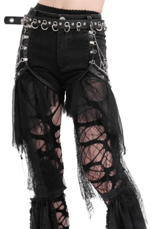 Black gothic layered shorts with tulle and chain details - front view on model