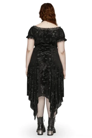 Black gothic asymmetrical velvet dress back view showing lace-up corset back design with ribbon lacing and floral jacquard texture