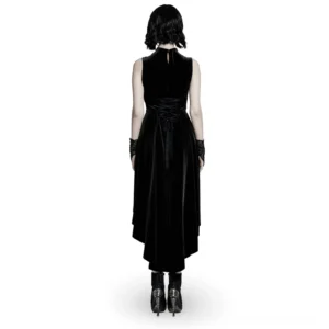Black gothic velvet dress back view showing intricate lace corset tie-up detail and high-low hemline