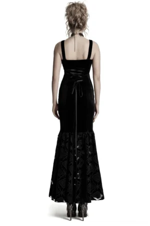 Back view of black gothic velvet dress with adjustable drawstring back closure and floral lace-trimmed pleated hem