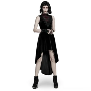 Black velvet mesh gothic sleeveless high-low dress front view worn by model with lace corset back