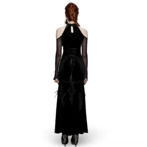 Gothic velvet evening gown rear view showing lace-up corset back closure and embroidered feather appliqués on floor-length skirt hem