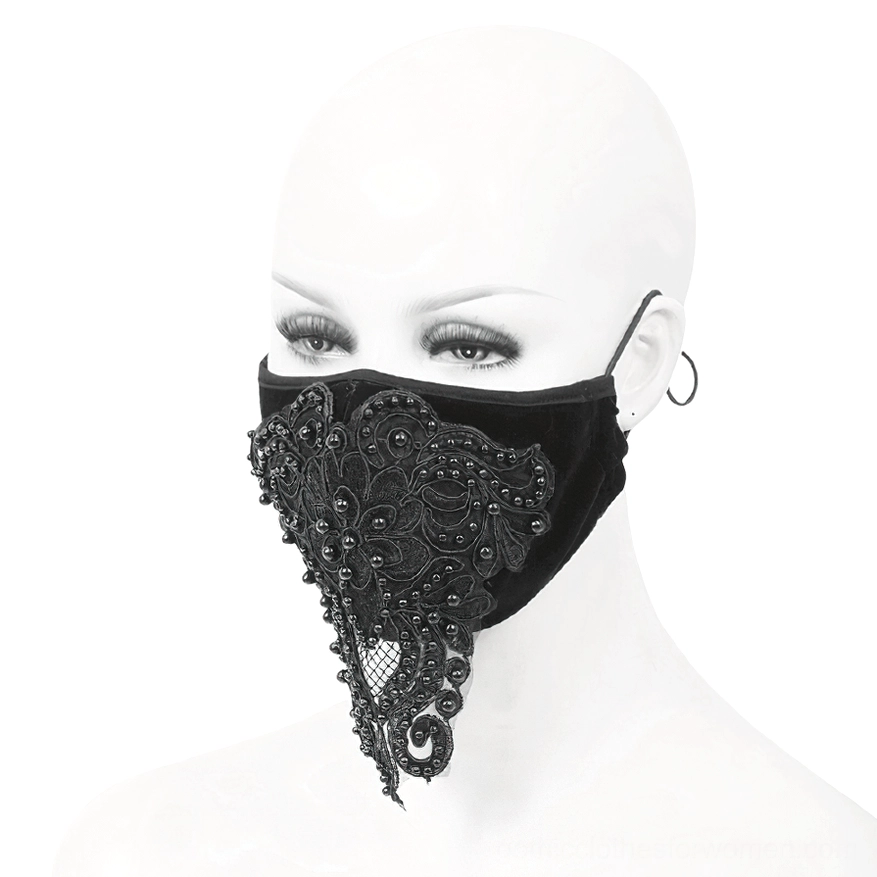 Black gothic velvet mask front view showcasing mesh lower decorative trim and beaded lace